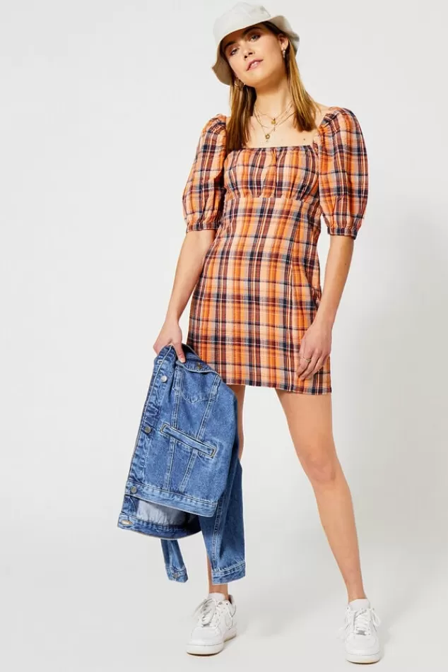 Jurken<America Today Jurk Dora Check | Orange/blue